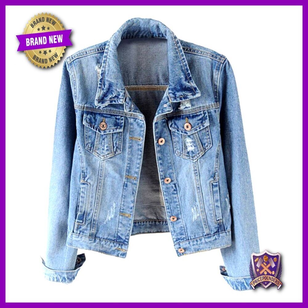 Distressed Ripped Denim Jacket Classic Fit Long Sleeve Vintage Street Style